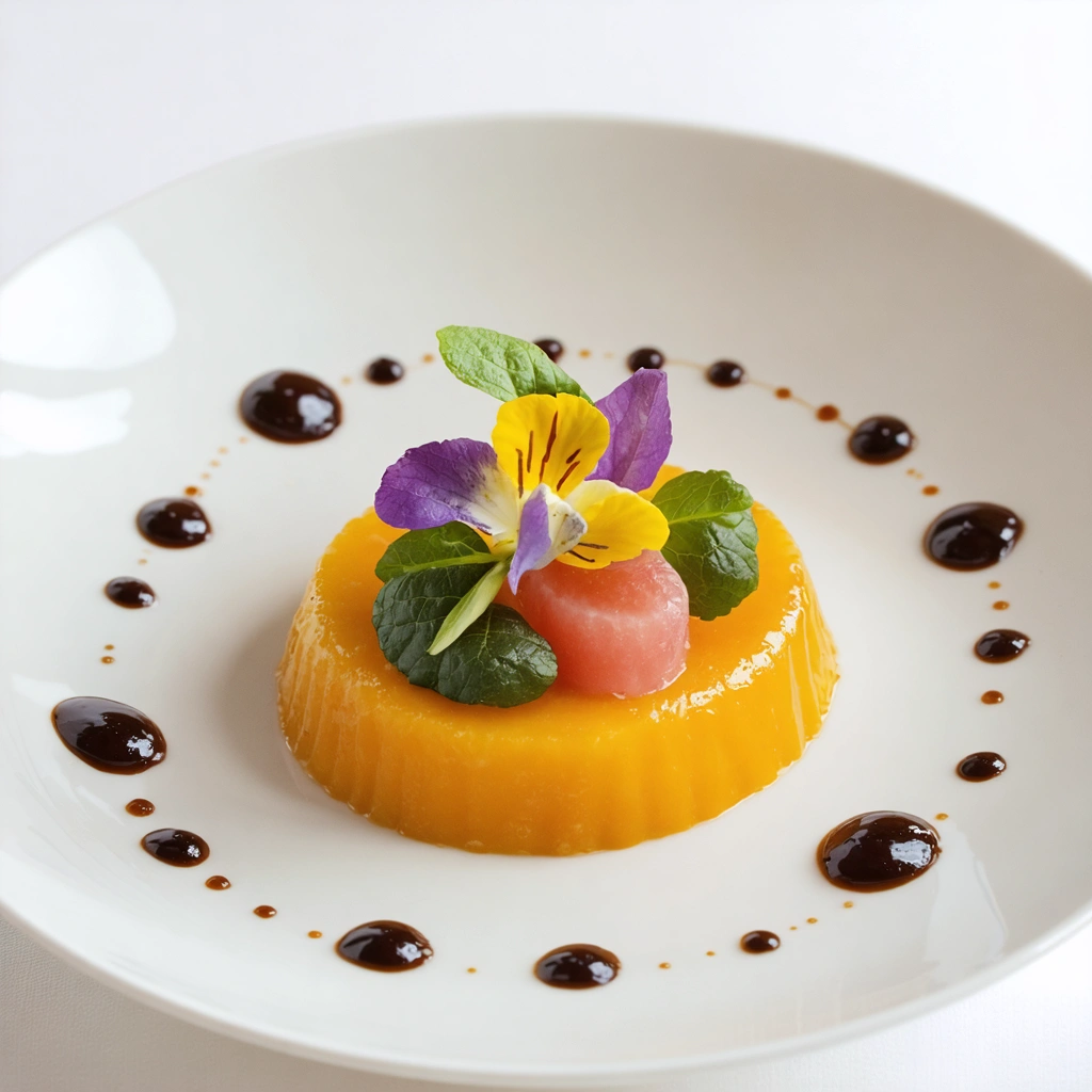 Plat culinaire raffiné et équilibré présenté de manière élégante, avec des couleurs vives et des textures appétissantes, idéal pour un repas entre amis.