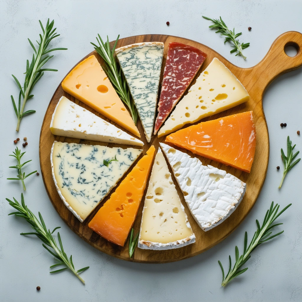 Plateau de fromages coloré sans présure avec herbes fraîches et disposition de cuisine en arrière-plan.