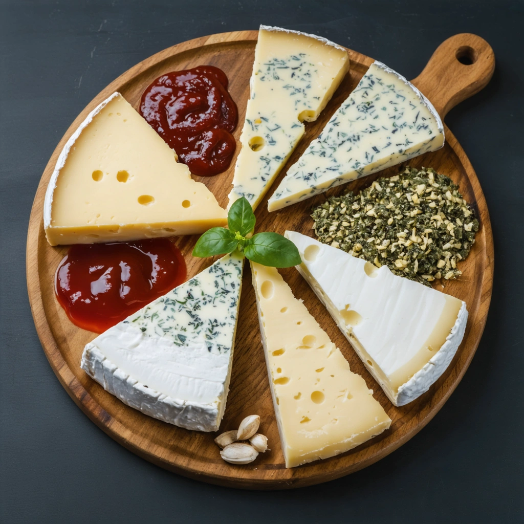 Un plateau de différents fromages comprenant des options allégées et une tranche de fromage végétal, accompagné de diverses sauces. L'ensemble est coloré et appétissant.