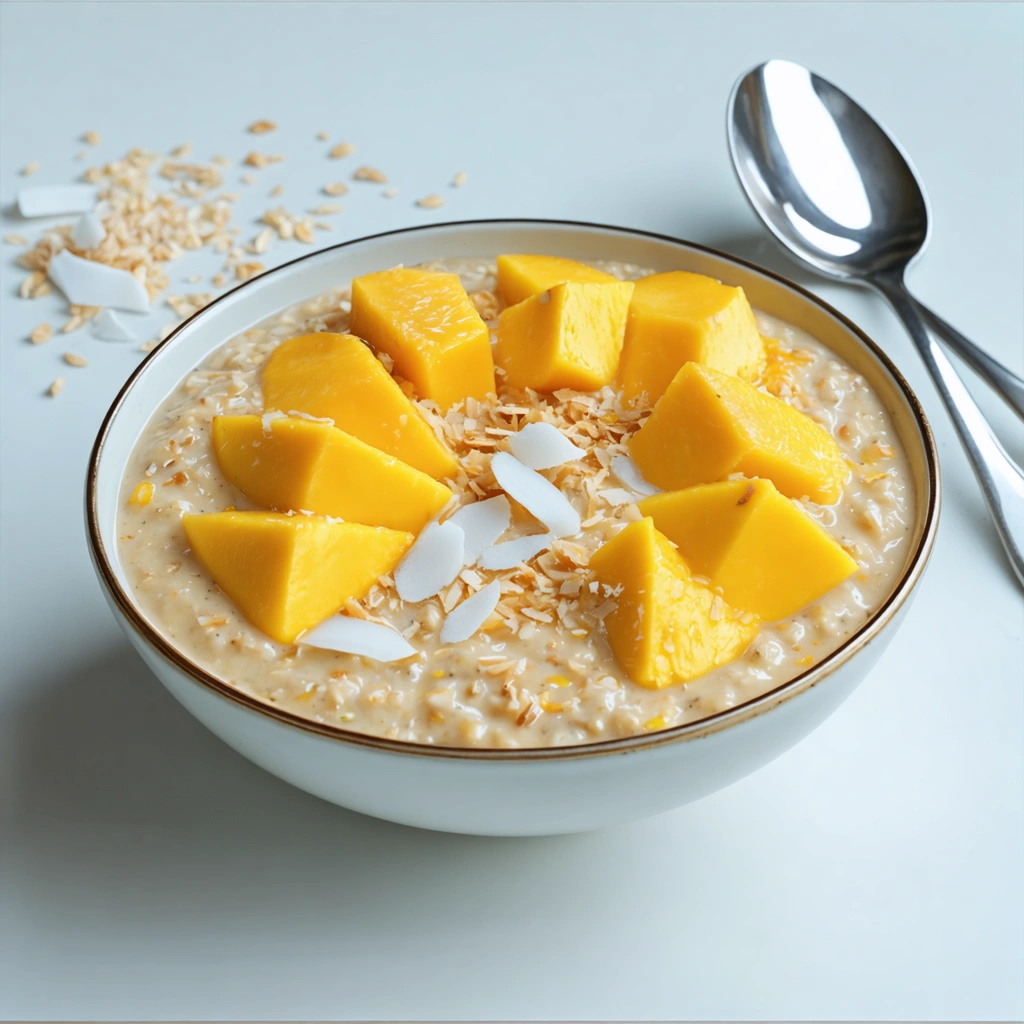Un bol de porridge exotique avec des morceaux de mangue, des flocons d'avoine et une pincée de noix de coco râpée.