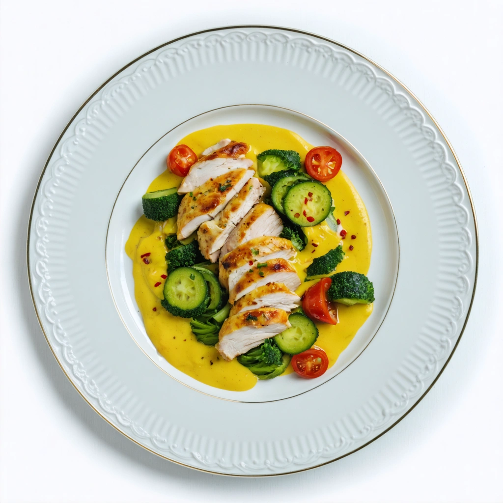 Plat de poulet avec sauce moutarde et légumes colorés