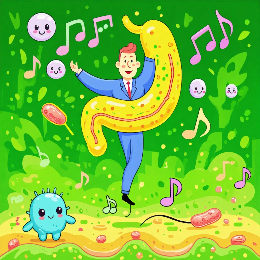 Illustration amusante montrant des bactéries intestinales comme un chef d'orchestre influençant la gestion du poids, avec des notes de musique et des probiotiques souriants.