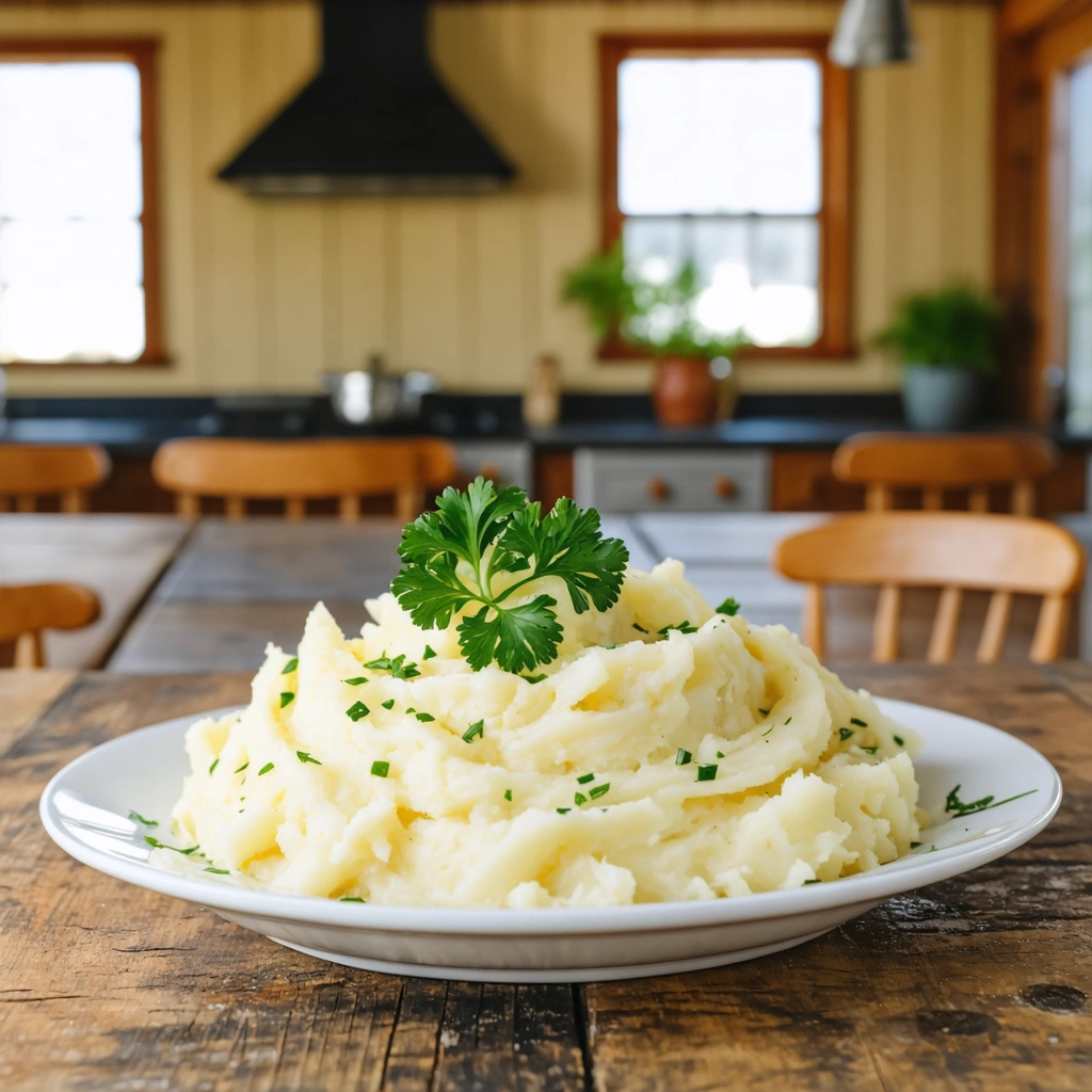 Plat de purée Mousline joliment dressé avec du persil sur une table en bois rustique