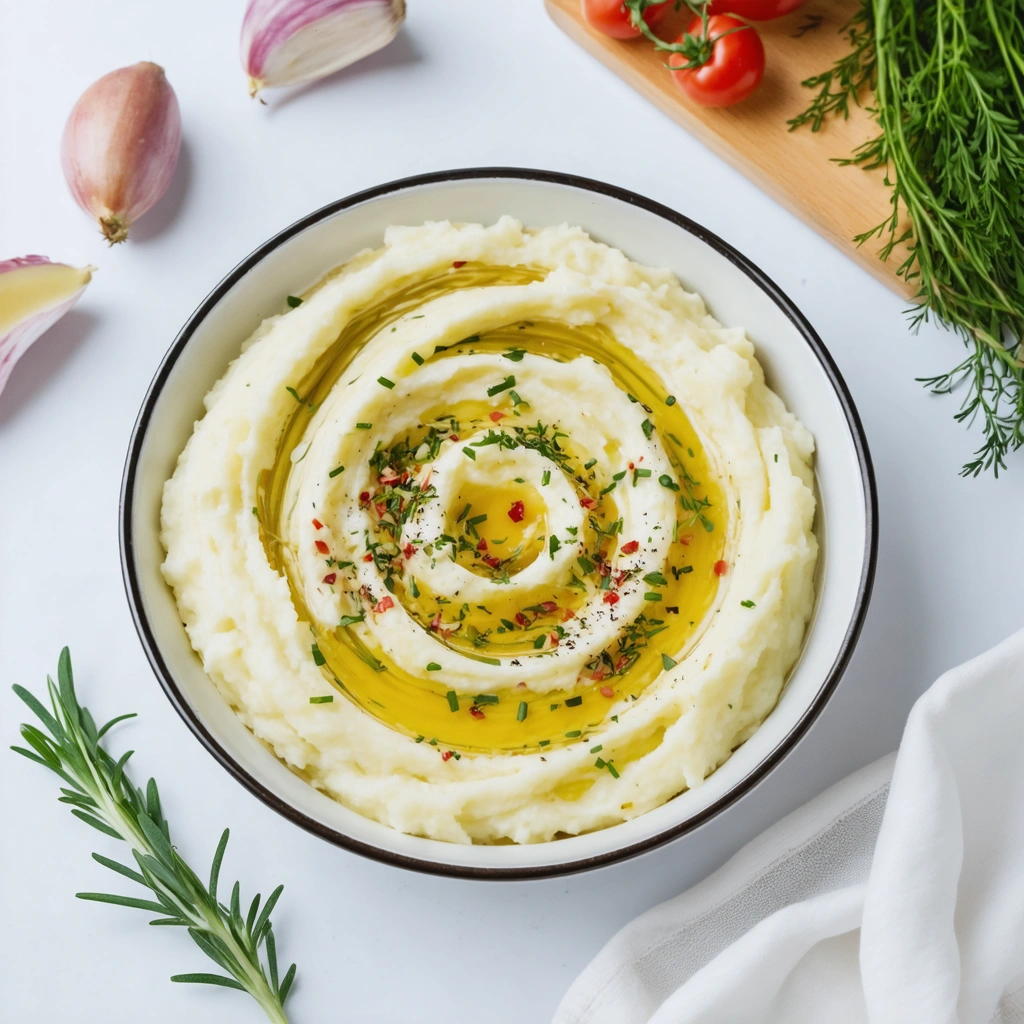 Assiette de purée mousseline sans lait avec herbes fraîches