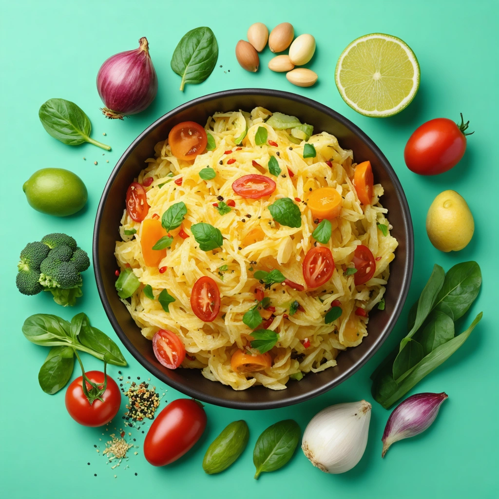 Un bol de bsissa entouré d'ingrédients frais sur une table, représentant un repas équilibré et énergisant.