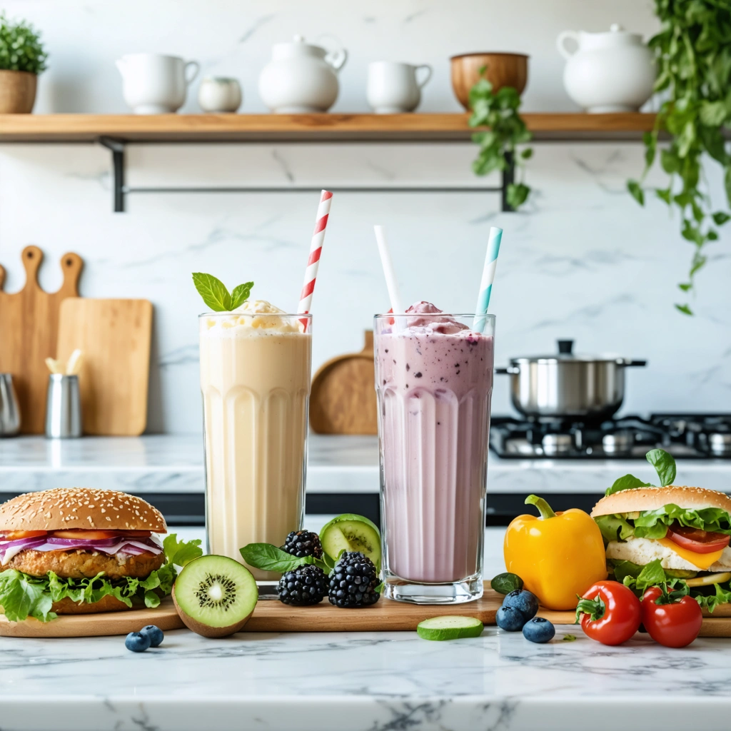 Un comptoir de cuisine moderne avec des repas équilibrés et des shakes protéinés.
