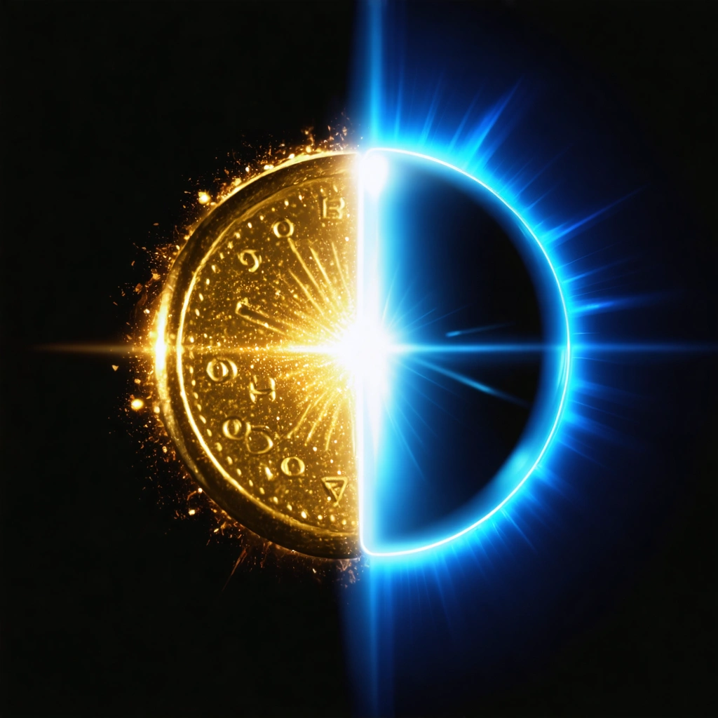 Image artistique d'une pièce à double face, avec un côté illustrant une pilule lumineuse et l'autre un univers sombre, symbolisant les effets positifs et négatifs d'un médicament.