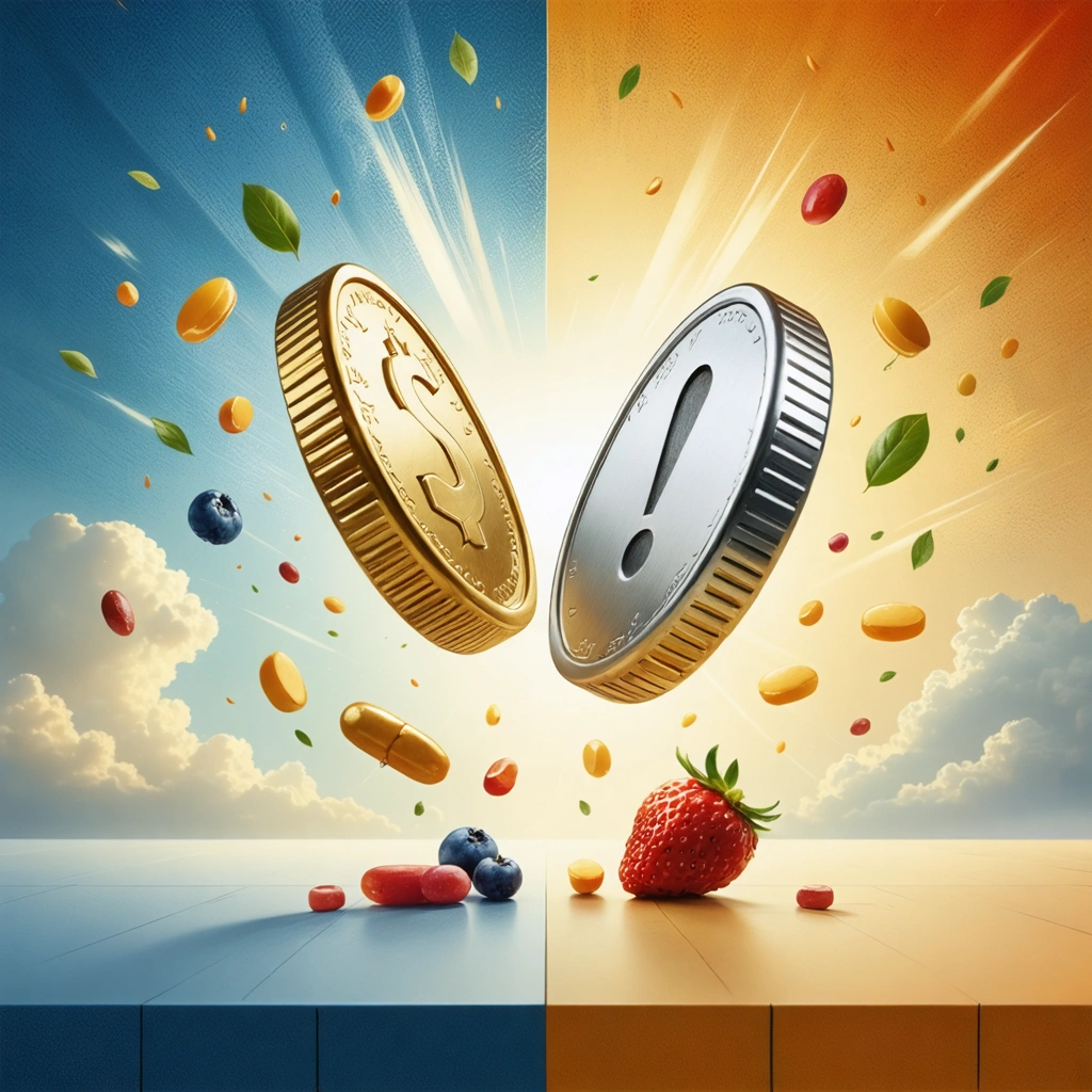 Illustration conceptuelle d'une pièce de monnaie en l'air montrant deux côtés, l'un vibrant et sain avec des vitamines et des fruits frais, l'autre avec une icône de prudence.