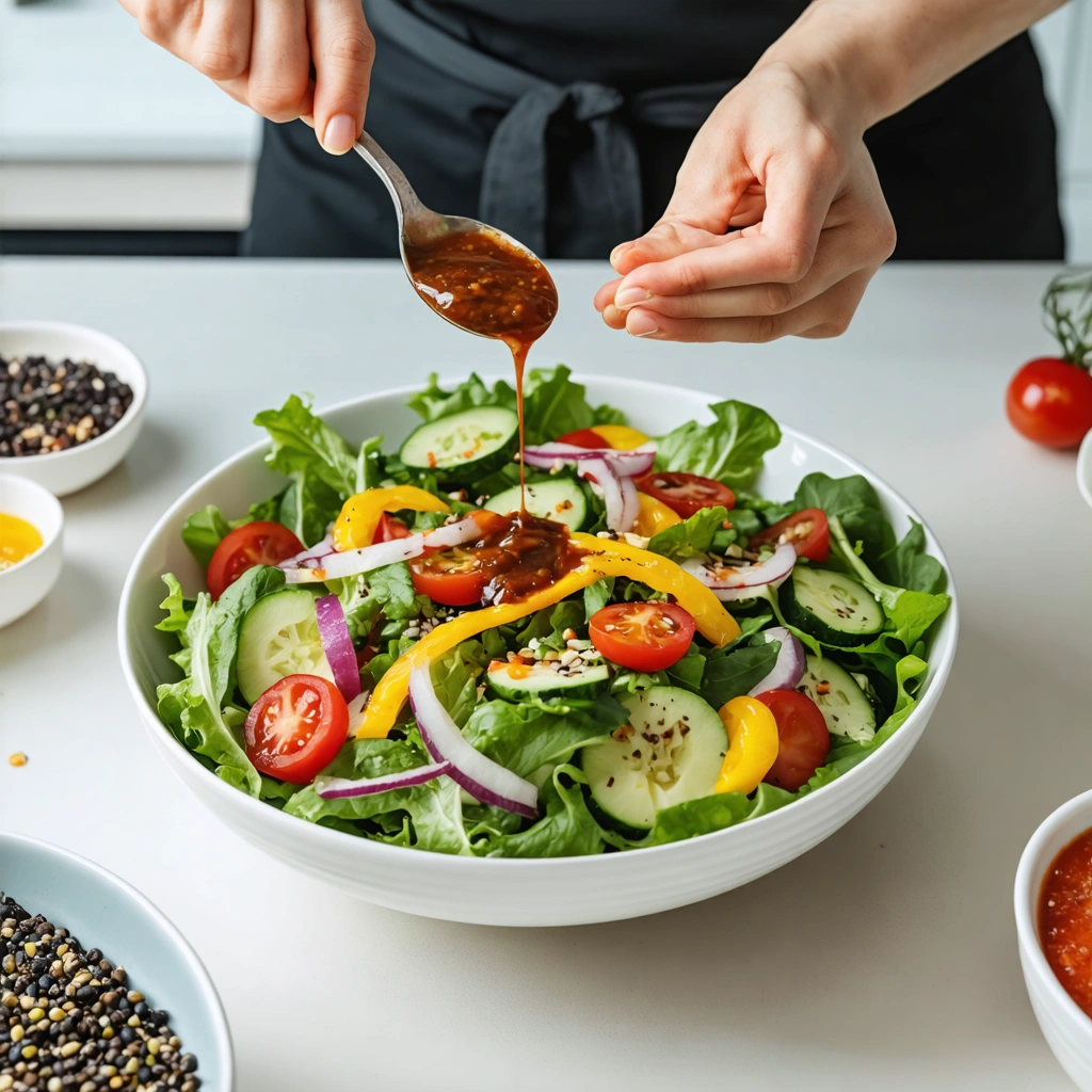 Une salade colorée avec des légumes et une sauce sans huile en préparation
