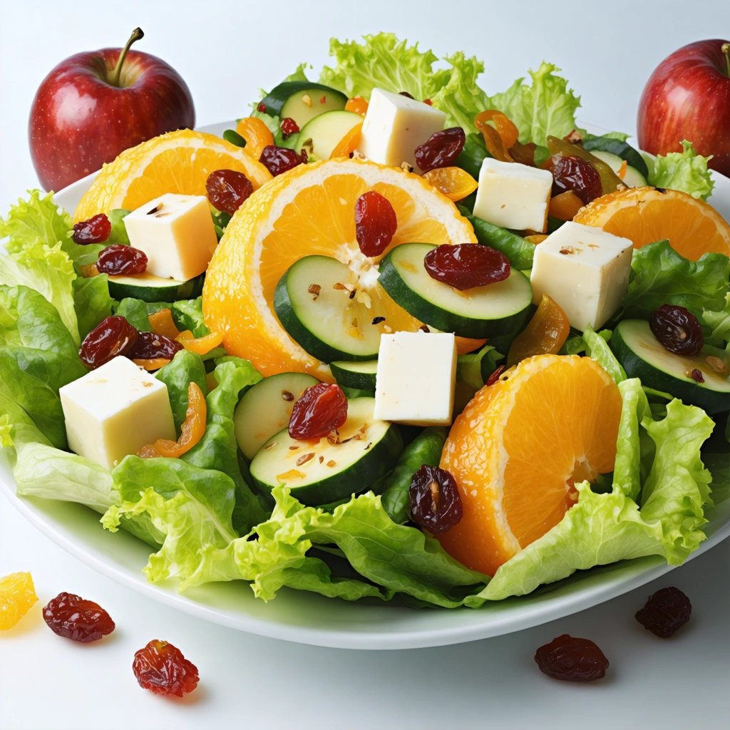 Une salade colorée avec des fruits frais comme des cubes de pomme, des tranches d'orange et des raisins secs, ainsi que des légumes rôtis tels que des poivrons et des courgettes.