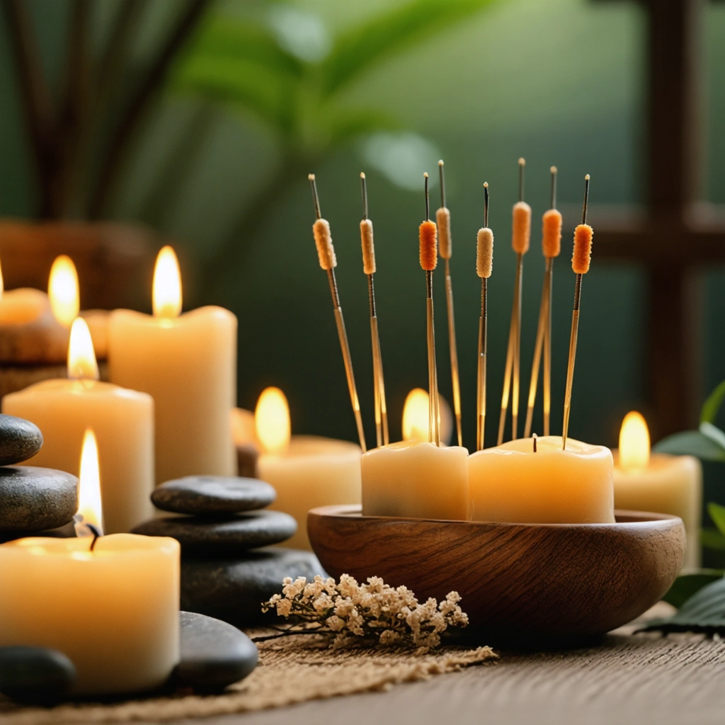 Représentation artistique d'un environnement de spa apaisant avec des aiguilles d'acupuncture, ambiance lumineuse douce et éléments de bien-être traditionnels.