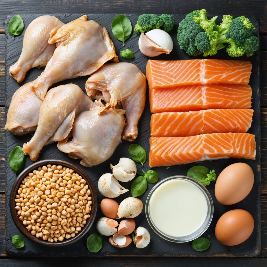Une sélection colorée de protéines comprenant du poulet, du poisson, des œufs et des produits laitiers sur une table de cuisine rustique.