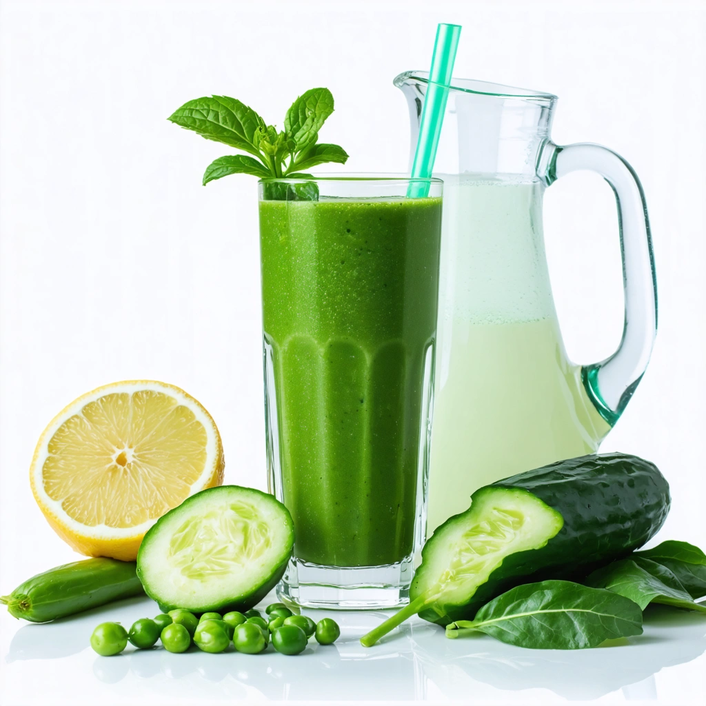 Smoothie vert dans un verre entouré de petits pois, concombre, citron et épinards frais