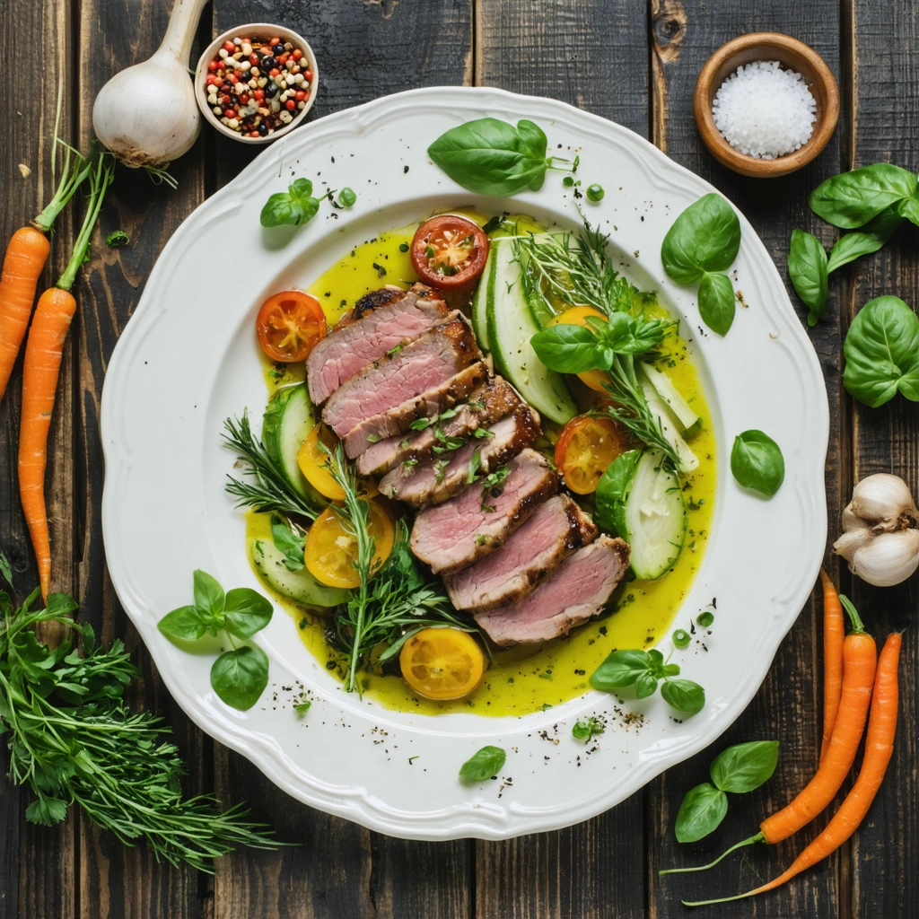Un plat délicieux et sain de surprise de porc servi avec des légumes frais.