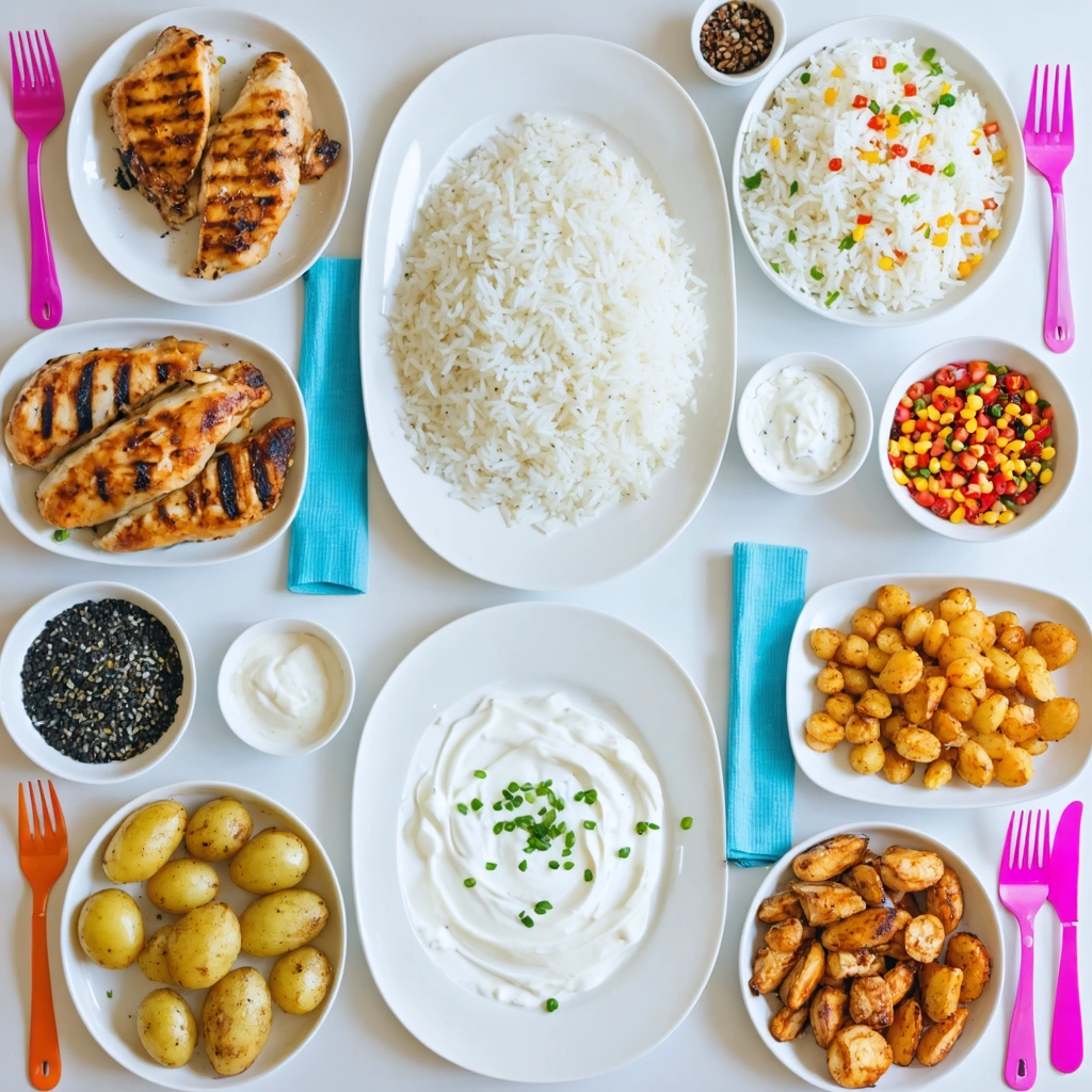 Table avec aliments pour régime sans résidu : riz blanc, poulet grillé, yaourt nature, pommes de terre bouillies