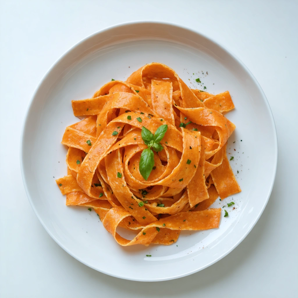 Tagliatelles de carottes colorées et croquantes dans une assiette, offrant une alternative ludique et vitaminée à la pâte traditionnelle, avec des couleurs vives d'orange rappelant un ballet de couleurs.