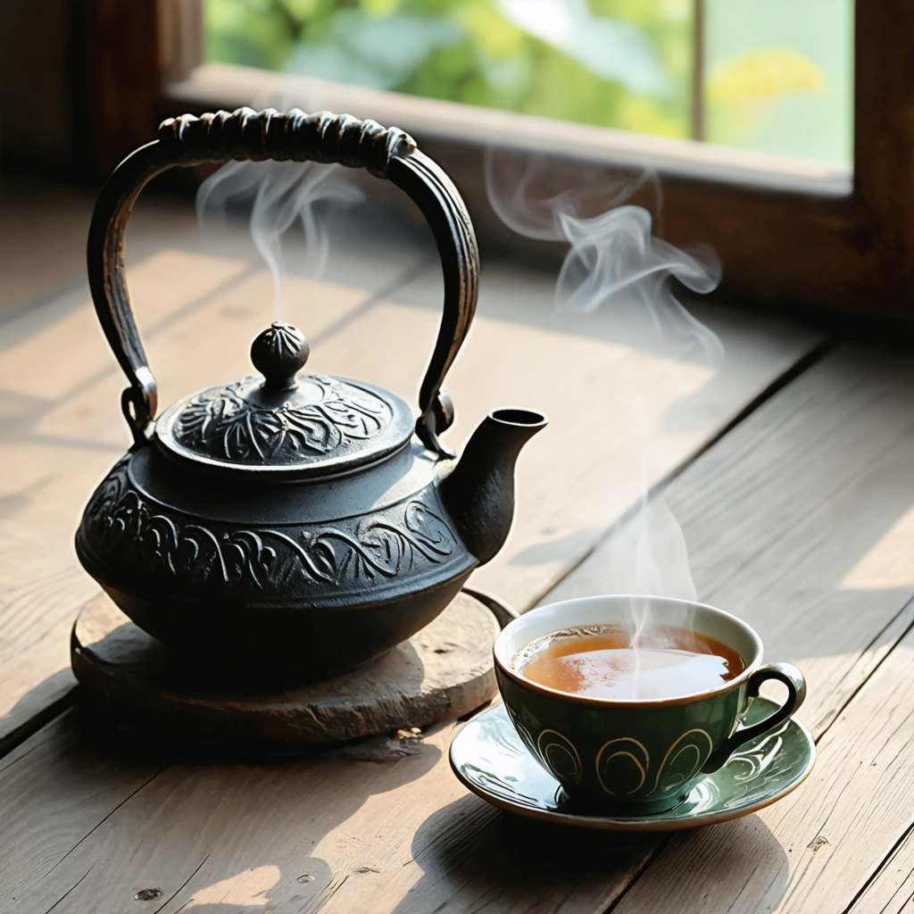 Théière en fonte avec tasse de thé sur table en bois