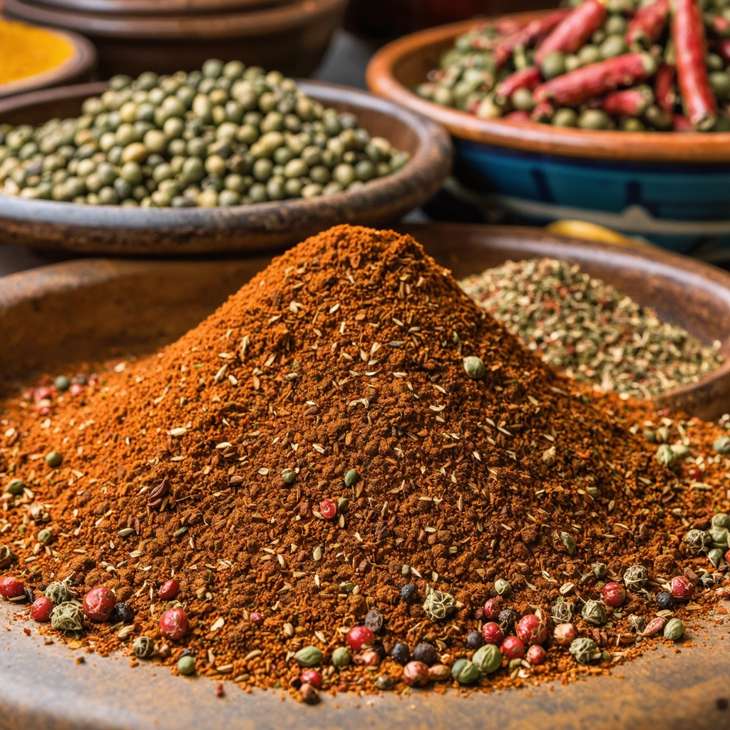 Épices tunisiennes sur un plan de travail en cuisine avec un mélange de tabel karouia au centre