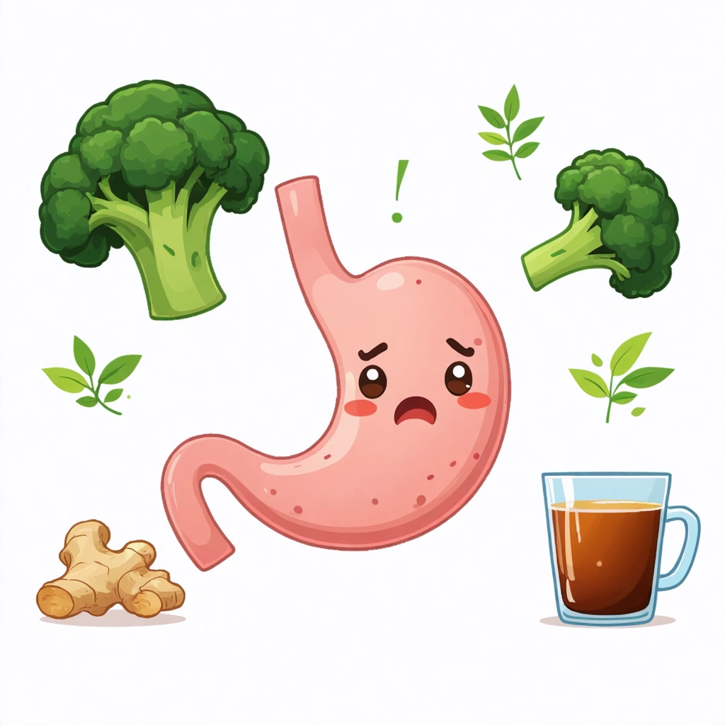 Illustration humoristique d'un estomac entouré d'aliments sains comme remèdes