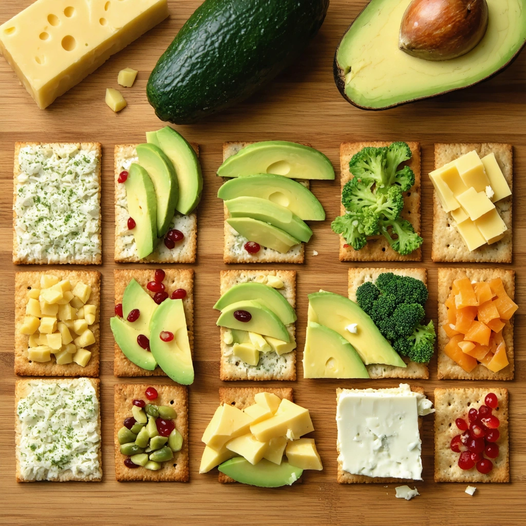 Variété de crackers Wasa sur une table en bois avec avocat, fromage et fruits frais