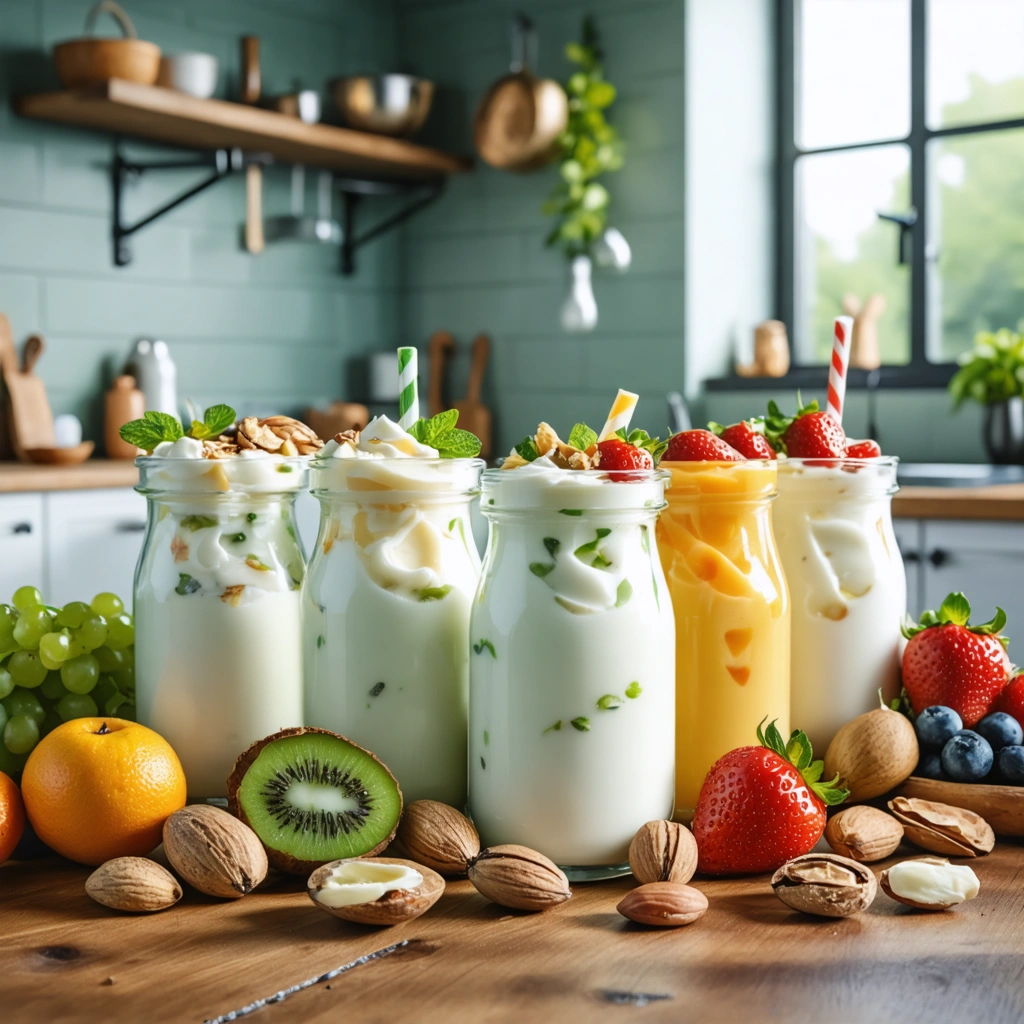 Une variété de yaourts sans lactose présentés sur une table de cuisine en bois, entourés de fruits sains et de noix, dans un cadre de cuisine lumineux et accueillant.