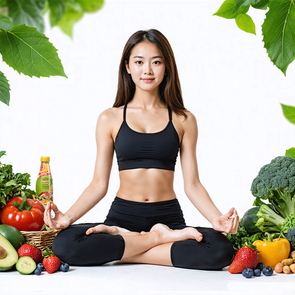 Une femme pratiquant le yoga entourée d'aliments sains, comme des fruits et des légumes, représentant une transformation saine du mode de vie.
