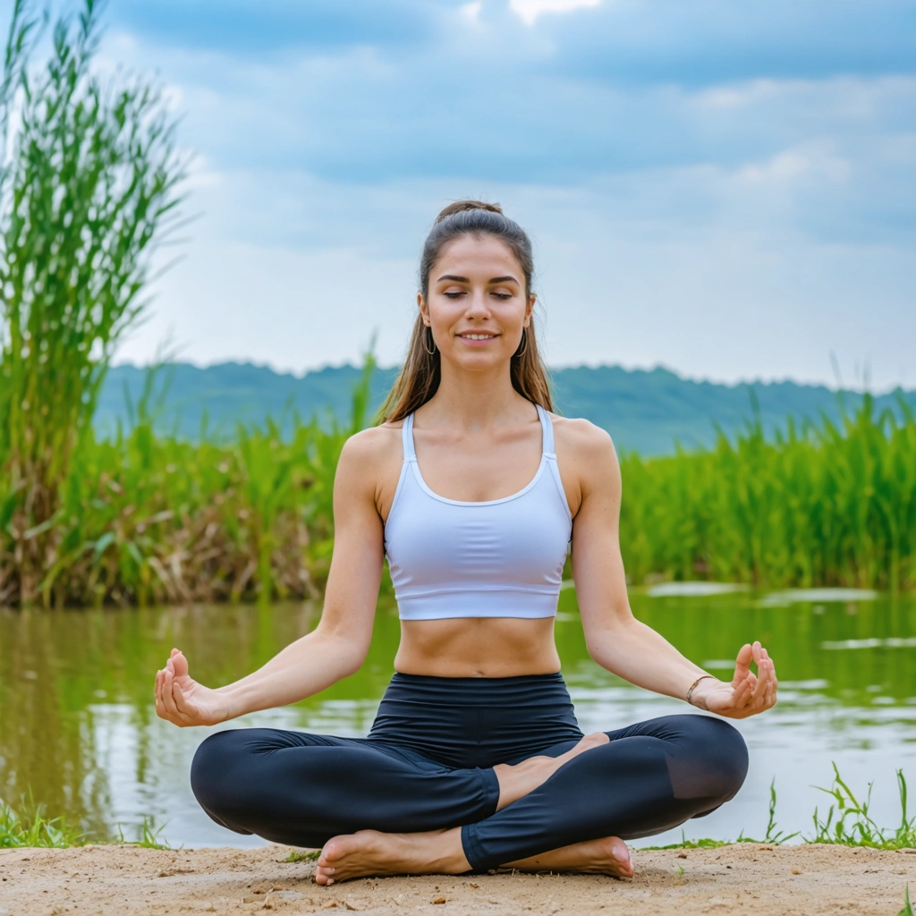 Une femme pratiquant le yoga dans un cadre extérieur paisible, symbolisant la santé et le bonheur après avoir surmonté une maladie grave.