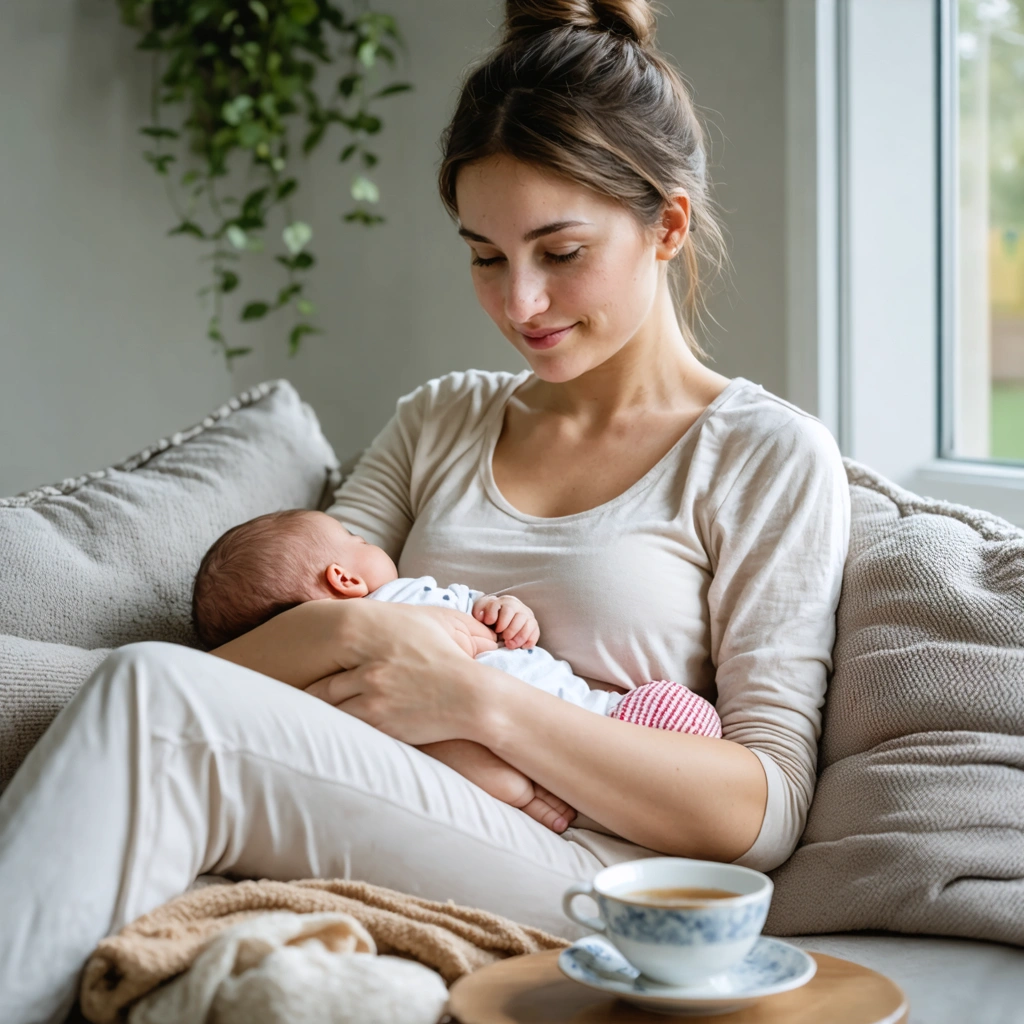 Une jeune maman allaitant son bébé dans un cadre chaleureux et relaxant.