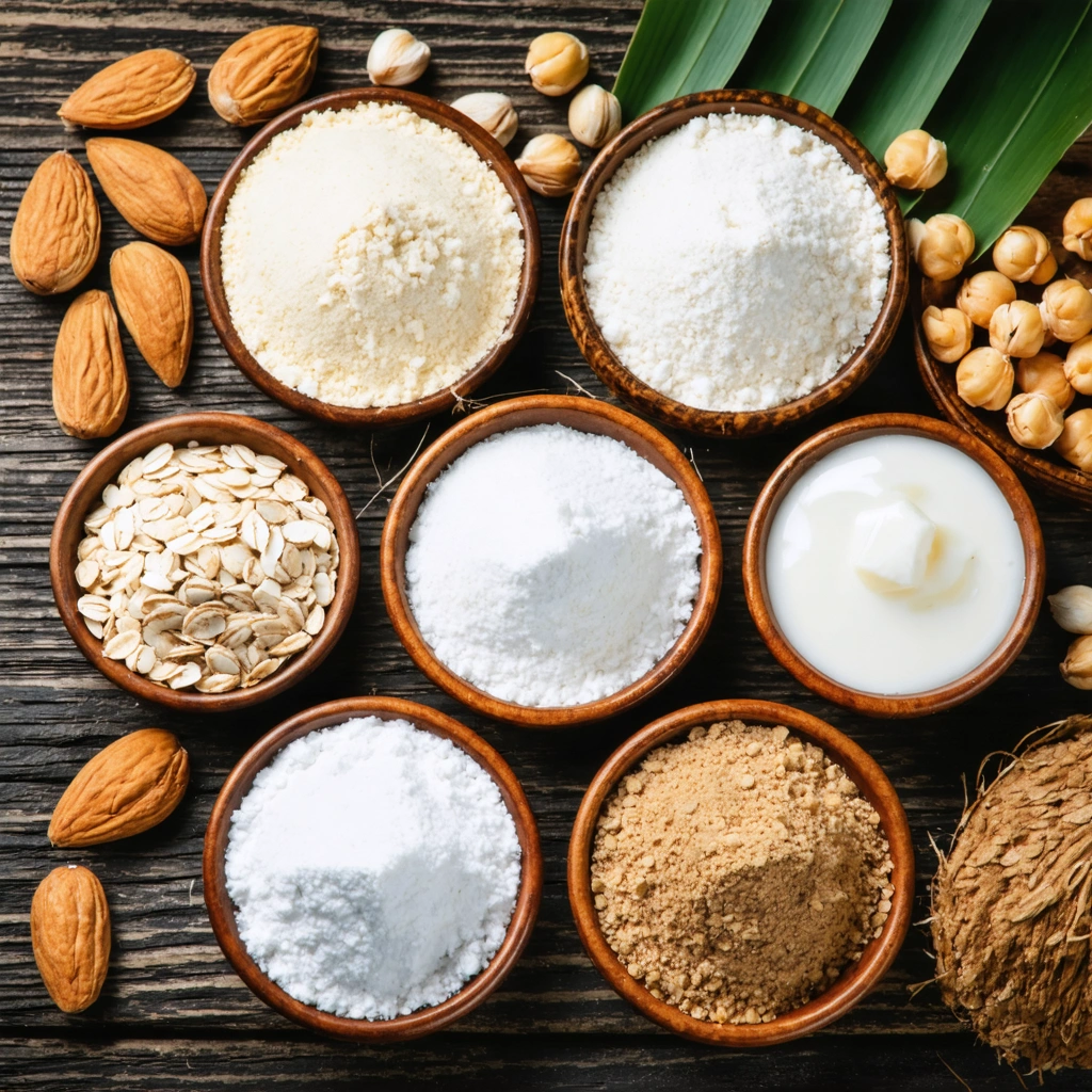 Diverses alternatives à la farine de blé disposées dans des bols sur une table en bois rustique, incluant farine d’amande, de coco, de pois chiche, d’avoine et de sarrasin.
