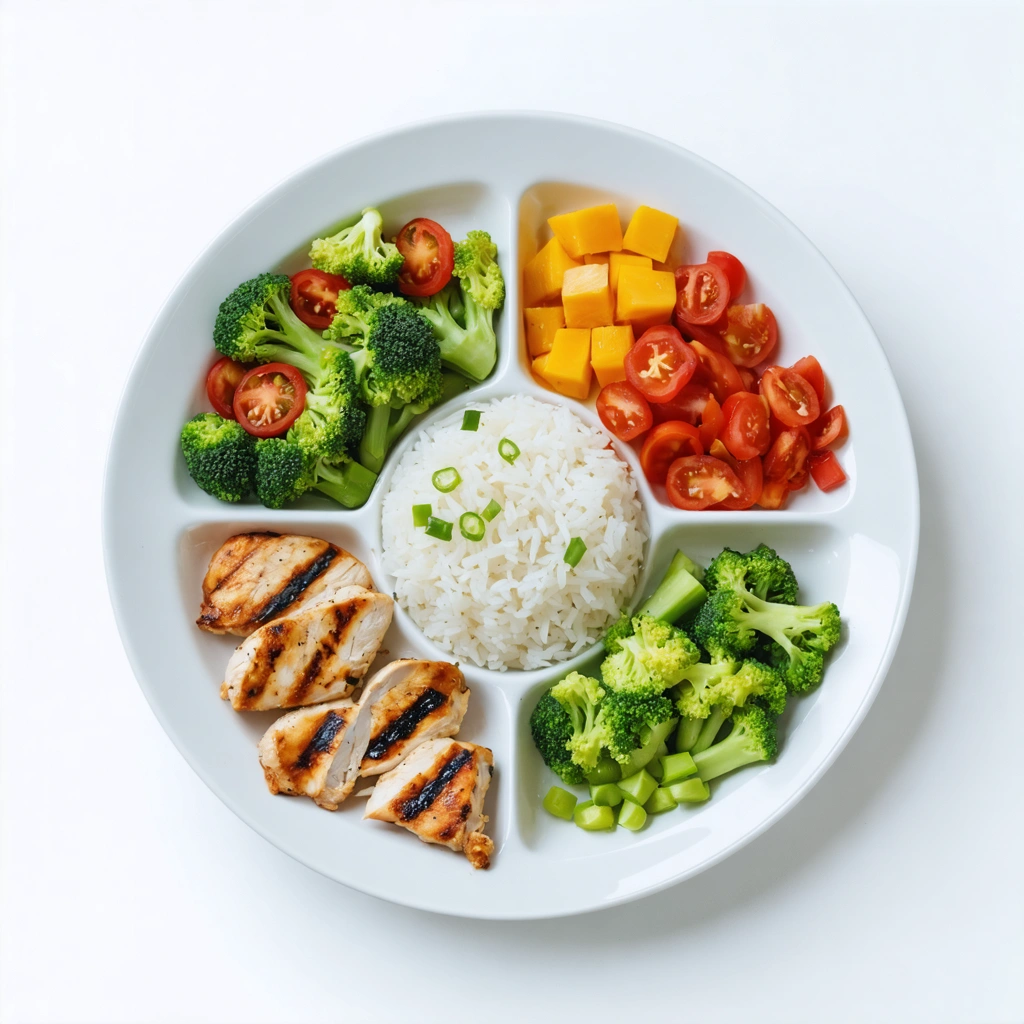 Assiette équilibrée avec des féculents, légumes et protéines dans une cuisine lumineuse.