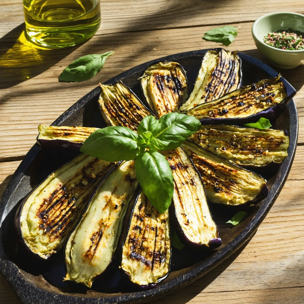 Plat d'aubergines rôties servi avec des herbes et de l'huile d'olive sur une table en bois.