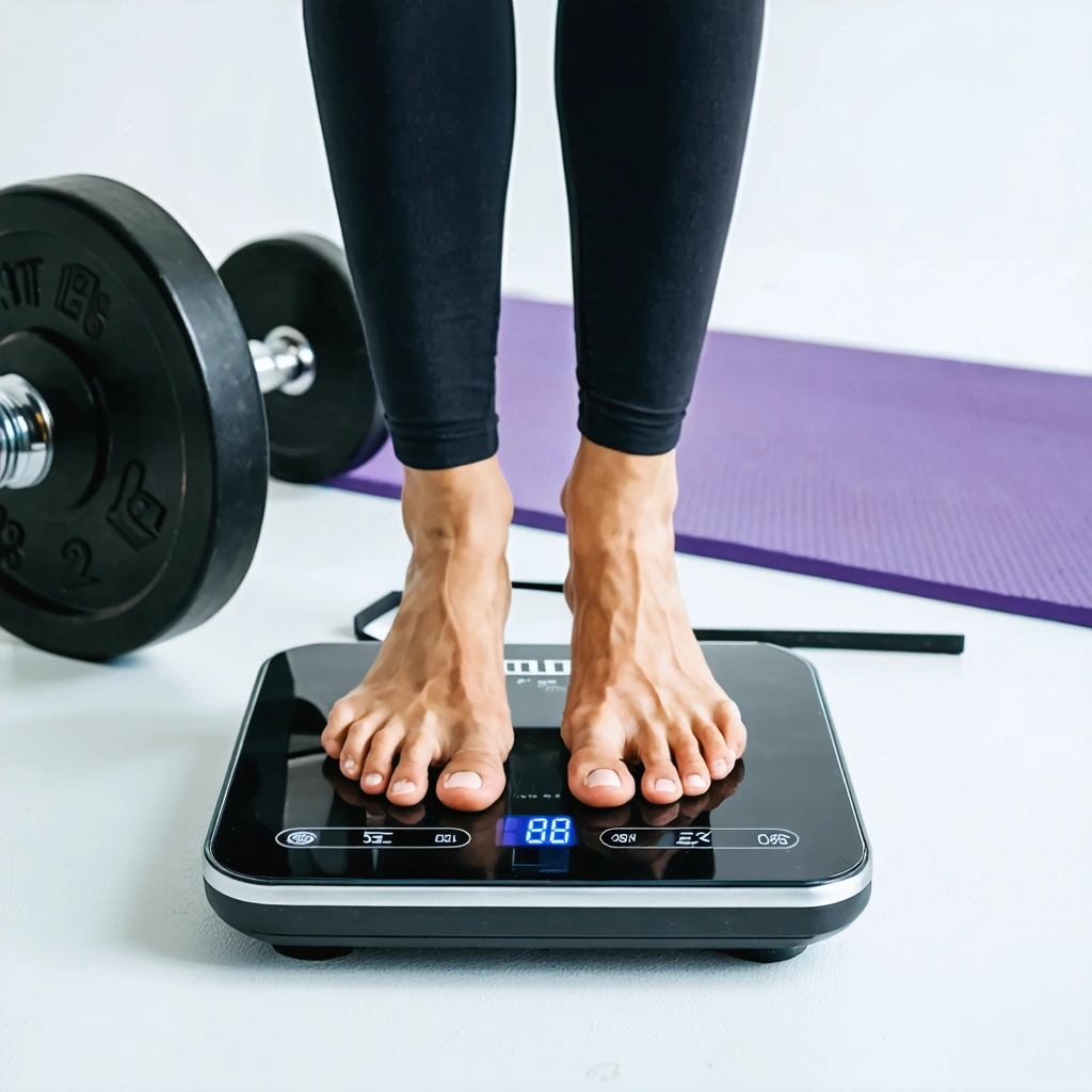 Une personne utilisant une balance numérique pour mesurer la masse graisseuse et musculaire avec des haltères en arrière-plan.
