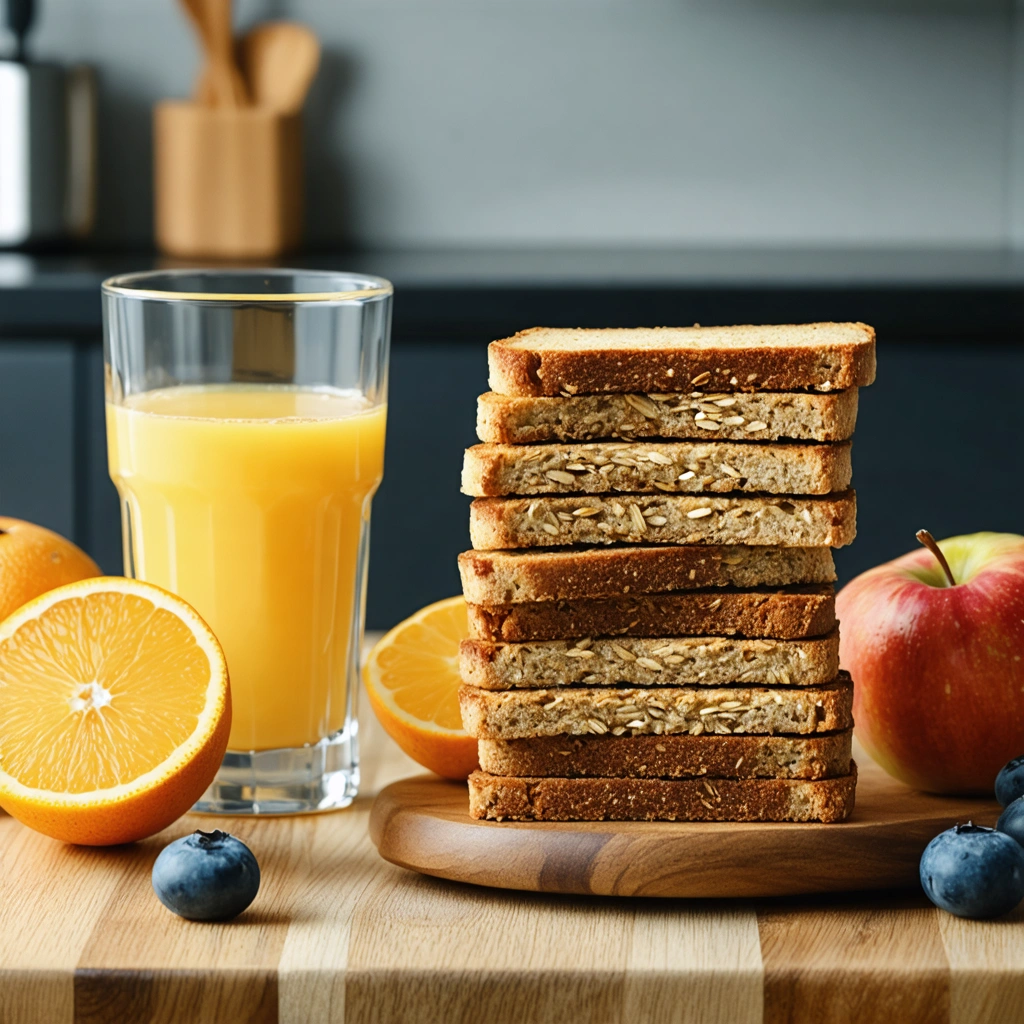 Une pile de biscottes complètes avec un verre de jus d'orange et fruits frais pour un petit-déjeuner équilibré.