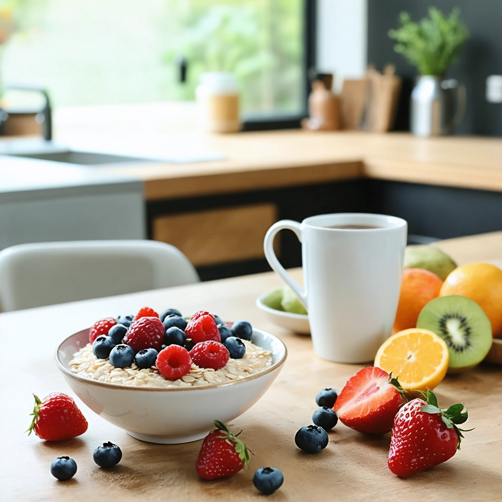 Un bol d'avoine garni de fruits rouges et une tasse de thé vert posés sur une table en bois naturel.