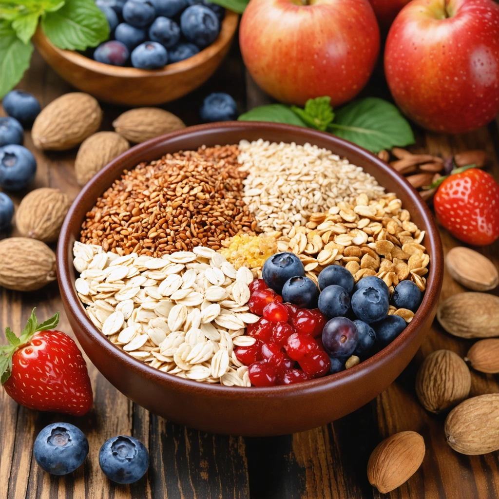 Un bol de céréales saines avec avoine, quinoa, sarrasin, et des fruits frais.