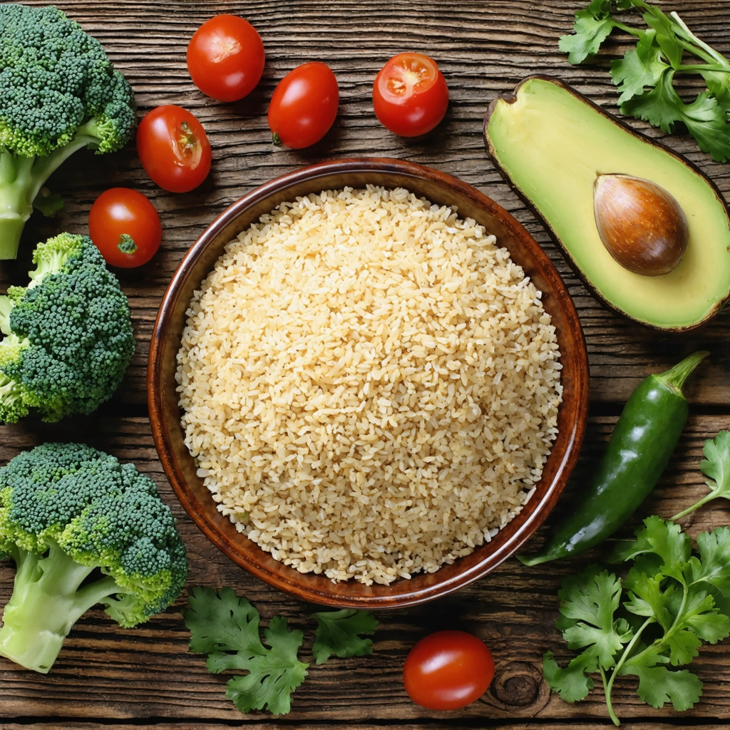 Un bol de quinoa et de riz complet avec des légumes frais comme des tomates cerises, du brocoli et de l'avocat, disposés sur une table en bois pour évoquer une alimentation équilibrée et saine.