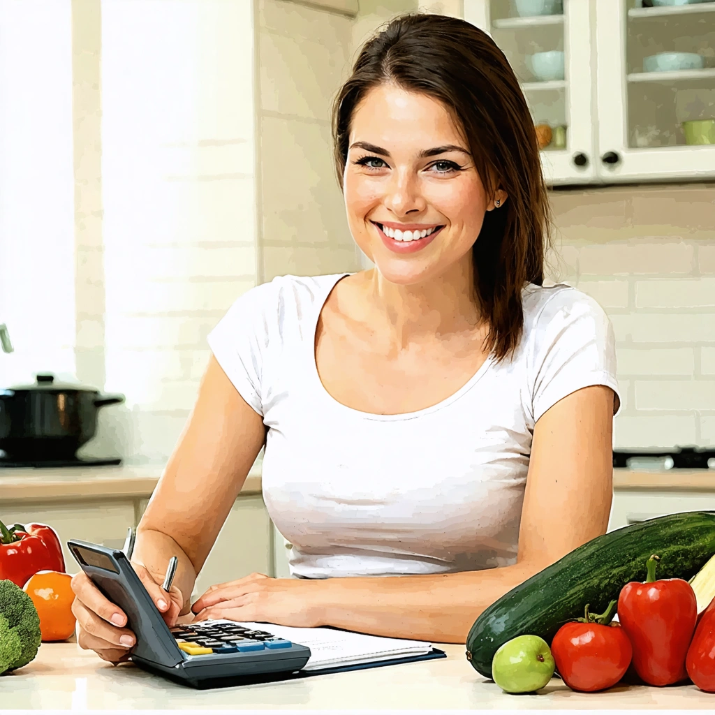 Une femme calcule ses calories à table avec des fruits et légumes autour d'elle.