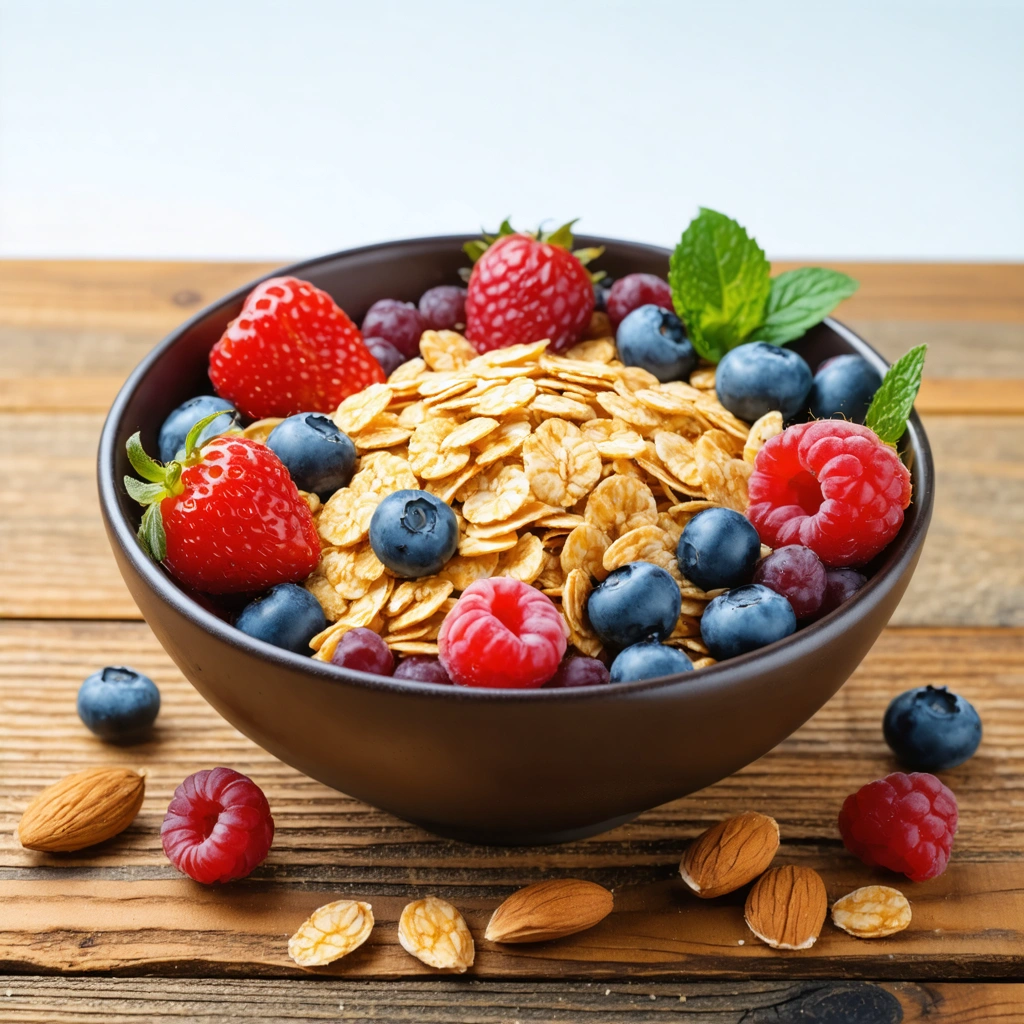 Un bol de céréales complètes garni de fruits frais et d'amandes, parfait pour un petit-déjeuner sain.