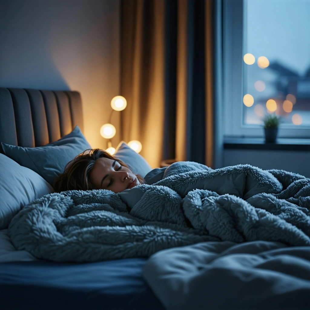 Une chambre à coucher chaleureuse avec un lit confortable, des oreillers douillets et une lumière ambiante tamisée. Une personne dort paisiblement sous une couette moelleuse, évoquant la détente et l'importance du sommeil réparateur.