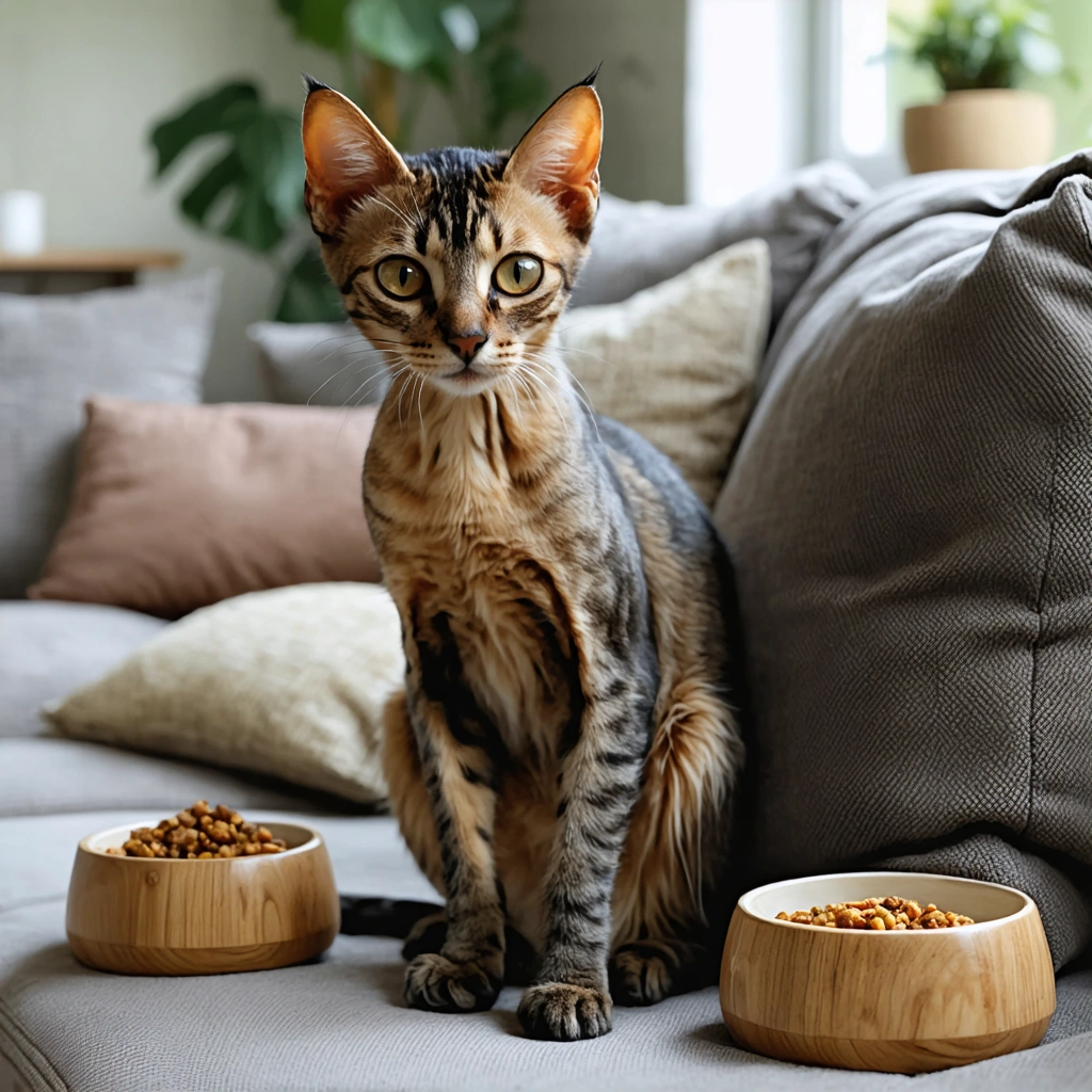 Un chat maigre assis sur un canapé avec des bols de nourriture à côté, dans un cadre domestique chaleureux.