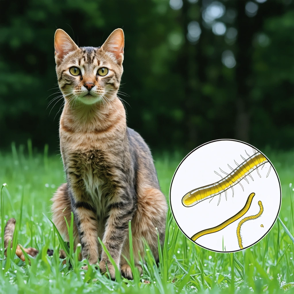 Un chat maigre assis dans l'herbe, avec une vue agrandie et transparente de vers parasites tels que le ténia et les ascaris, illustrant leur présence dans le système digestif du chat.
