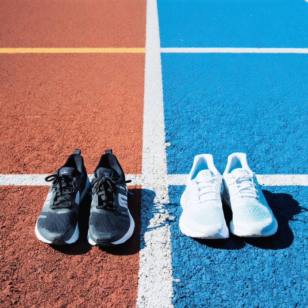 Chaussures de marche et de course côte à côte sur une piste avec un chemin de parc en arrière-plan.