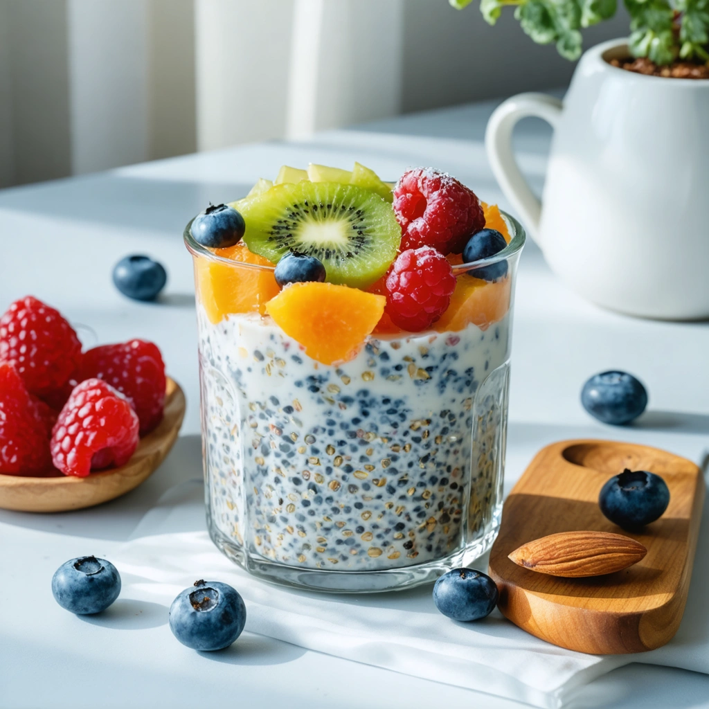 Un bol de pudding aux graines de chia avec du lait d'amande, garni de fruits frais comme des baies et des tranches de kiwi, posé sur une table lumineuse pour un petit-déjeuner sain.