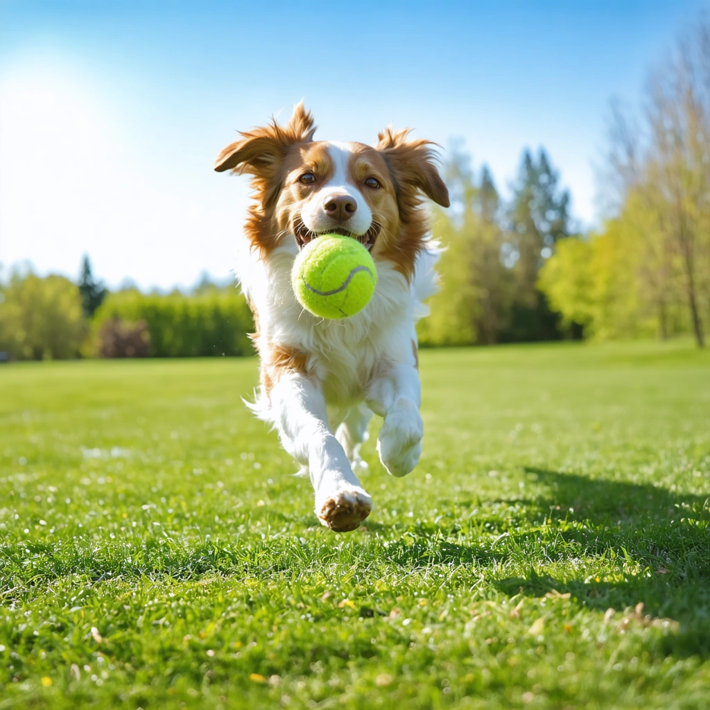 Chien courant sur l'herbe avec une balle de tennis dans la bouche, symbolisant l'exercice et la santé.