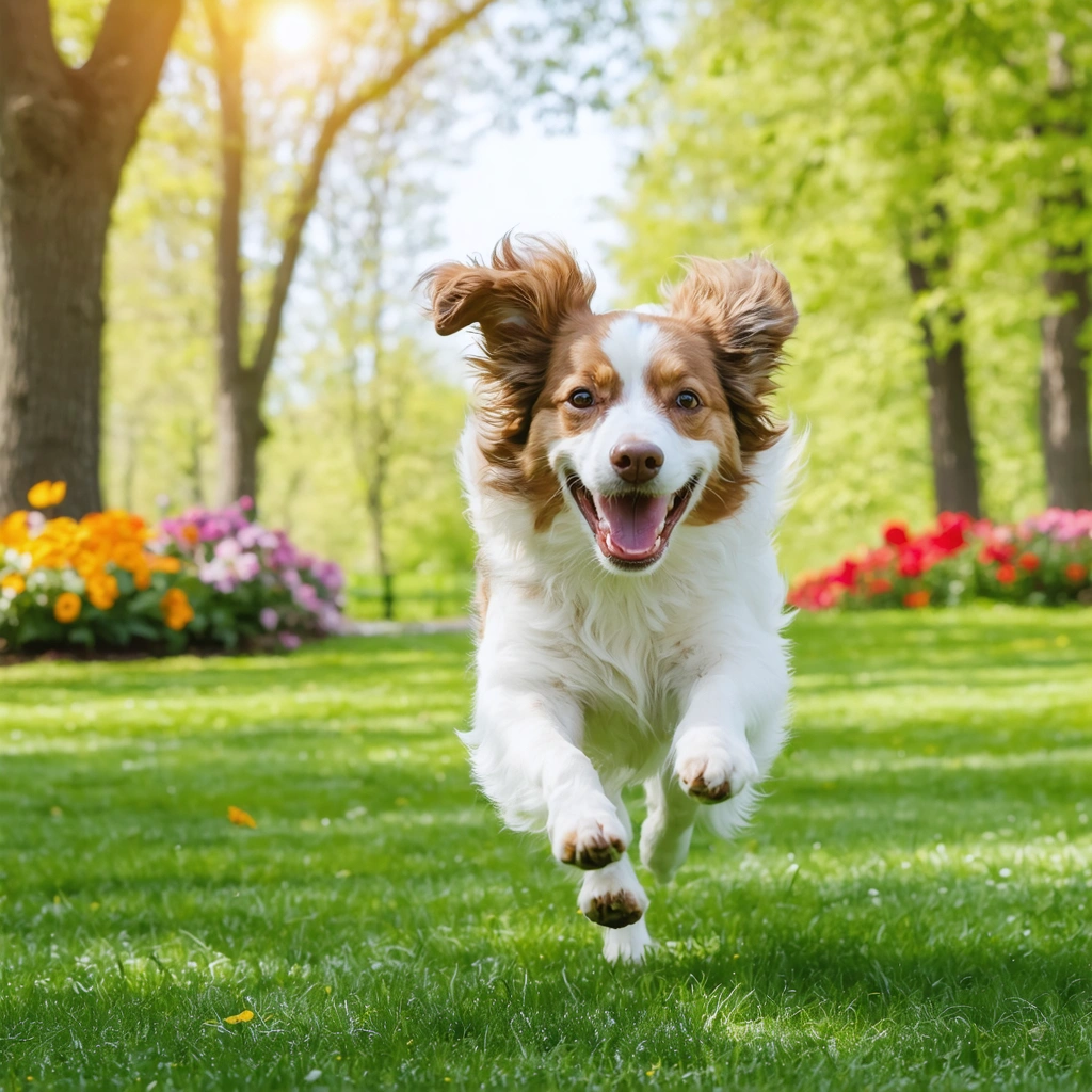 Un chien en pleine santé courant dans un parc ensoleillé avec de la pelouse verte et des fleurs en arrière-plan.