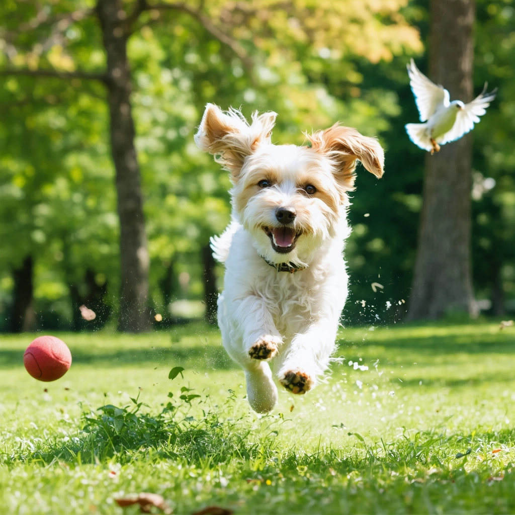 Un chien joyeux courant dans un parc verdoyant, jouant avec une balle ou poursuivant des oiseaux, sous un soleil éclatant.