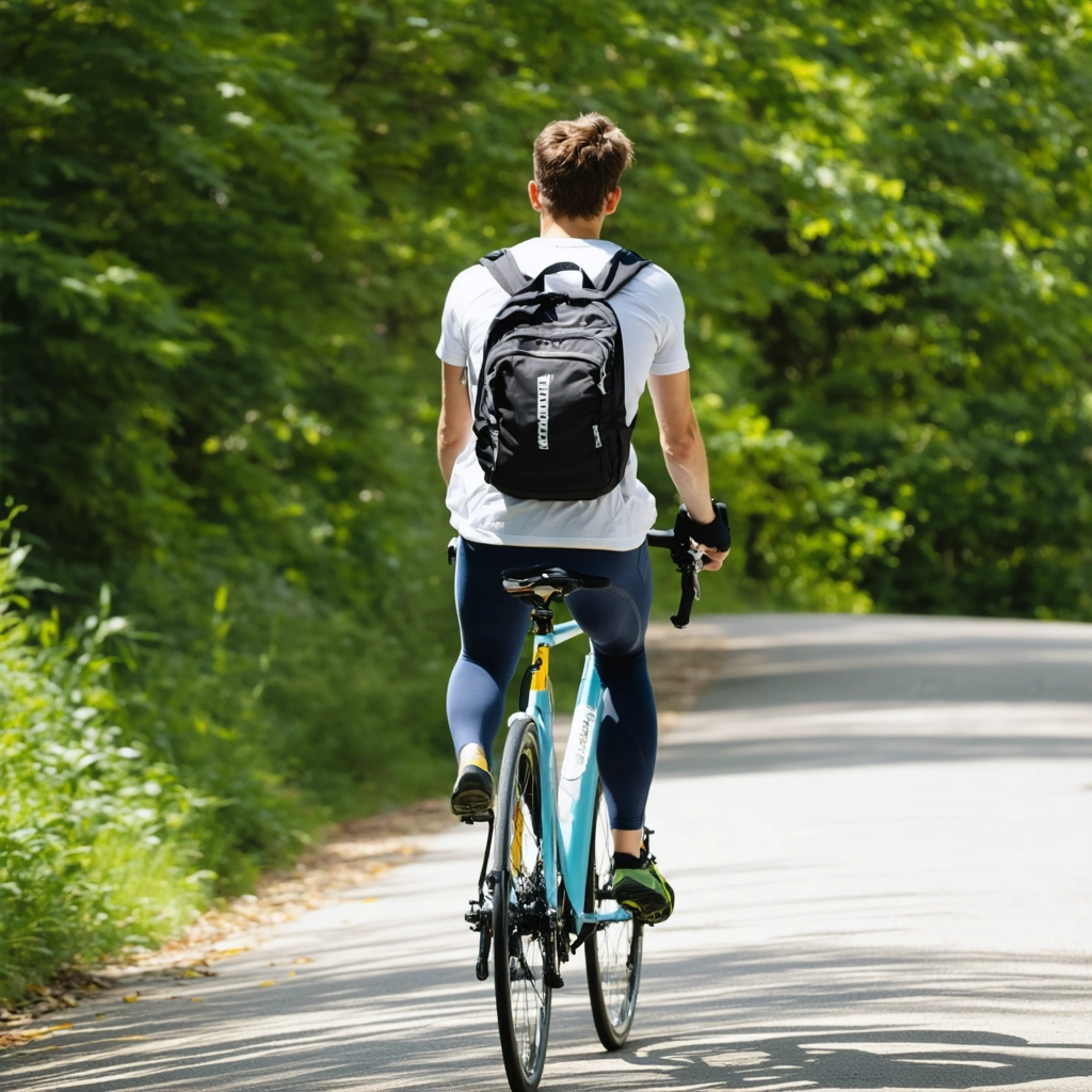 Une personne pédalant sur un vélo dans un cadre naturel, sous un ciel ensoleillé, portant une tenue de sport confortable, symbolisant une activité équilibrée et régulière.