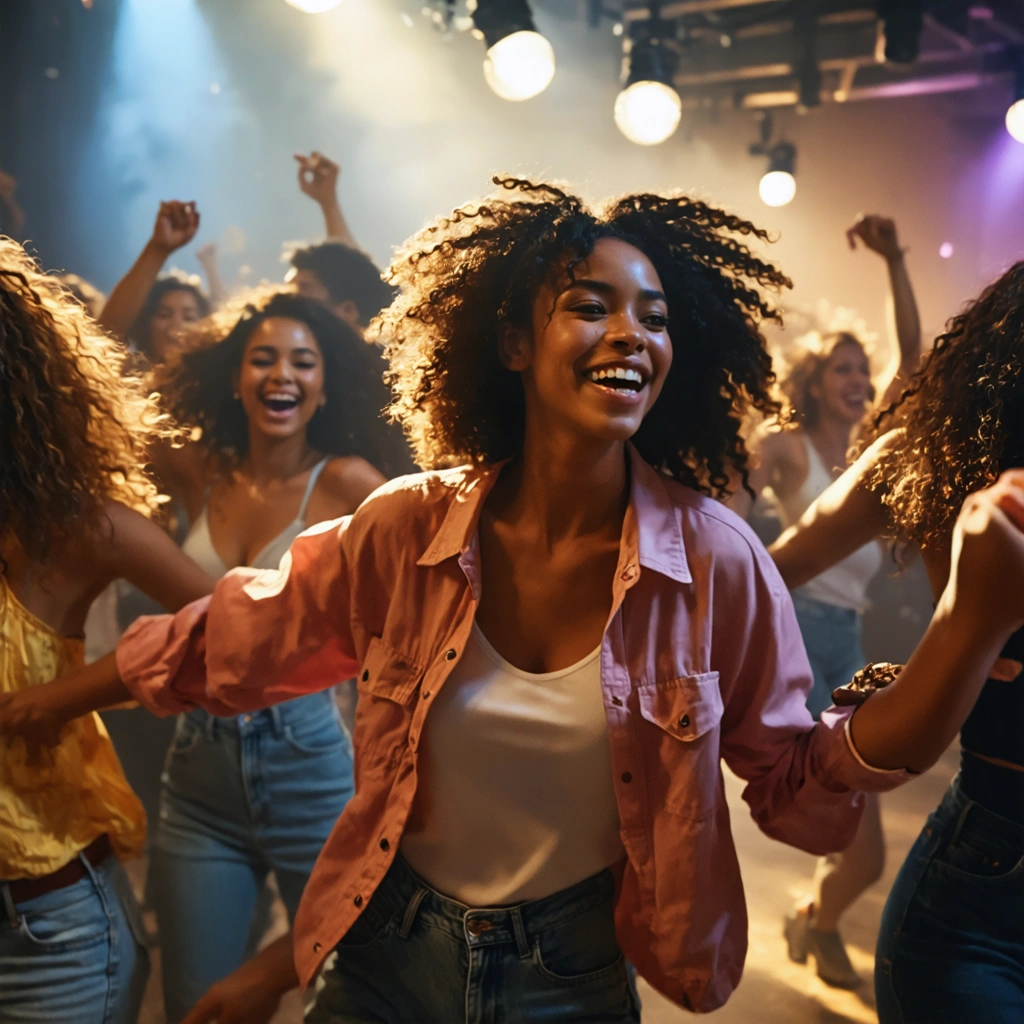 Un groupe de personnes dansant joyeusement dans un studio lumineux, exprimant énergie et plaisir.