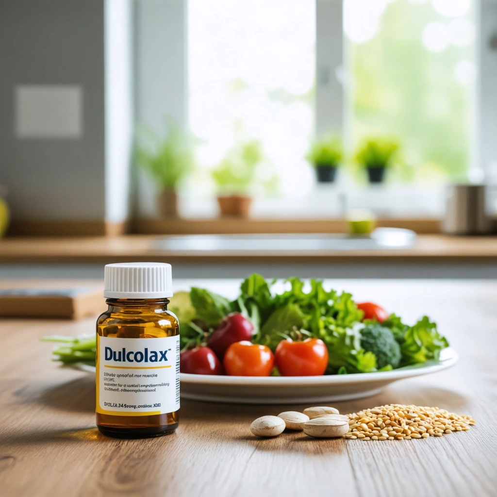 Un flacon de laxatifs posé à côté d'une assiette de fruits et légumes dans une cuisine lumineuse.