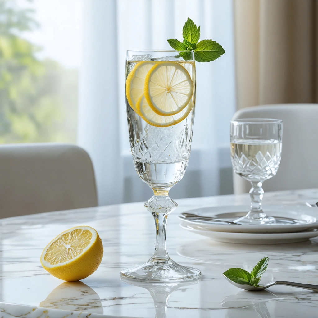 Un verre d'eau élégant dans un décor raffiné, ressemblant à une flûte de champagne, avec des tranches de citron et des feuilles de menthe en garniture.